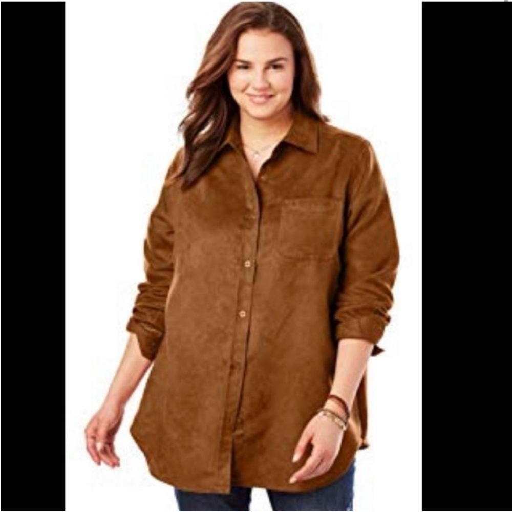 Woman Within Rich Brown Suede Button-Down Shirt